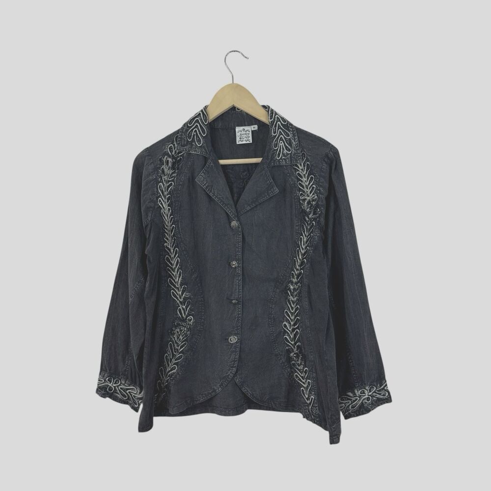 Parsley & Sage Medium Button Up Shirt Western Black Distressed Womens READ